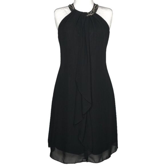 SLNY Women's Size 14 Black Bead Braided Halter Sleeveless Cascade Chiffon Dress - Picture 7 of 11